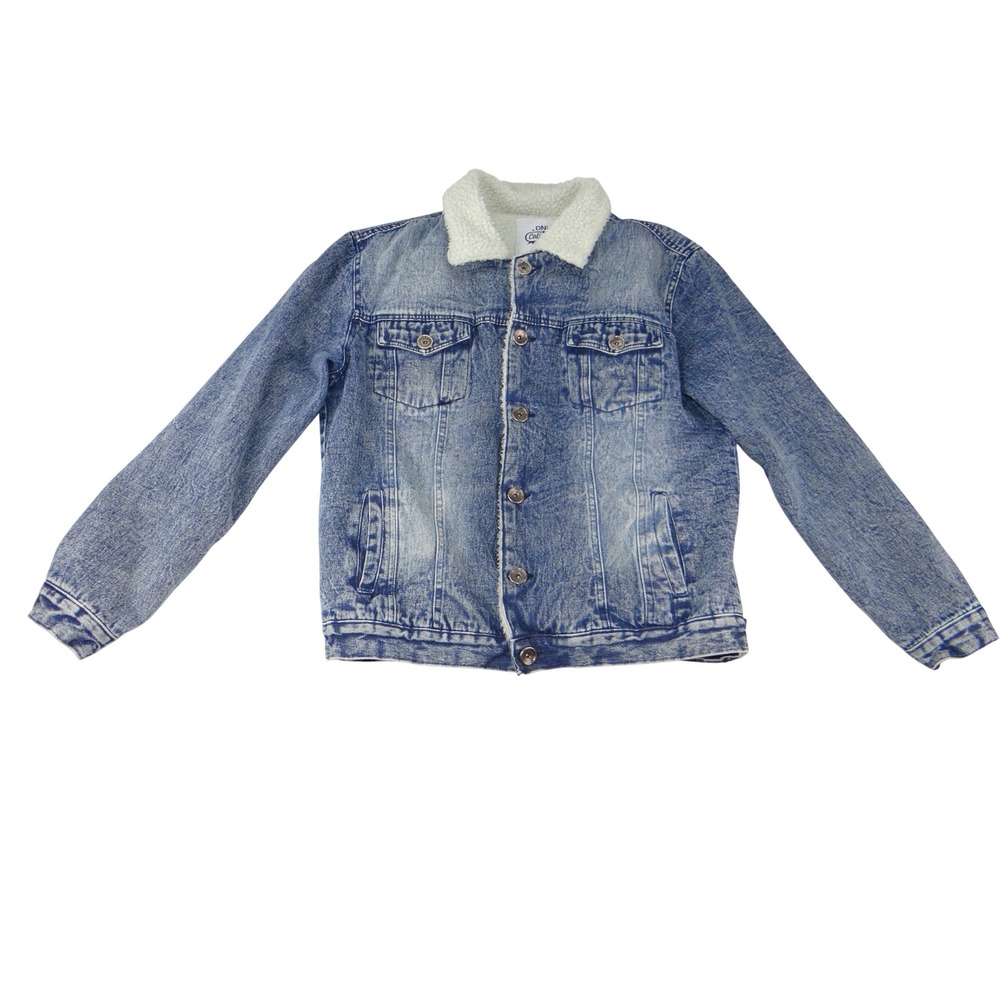DNM Collection Acid Wash Denim Faux Shearling Lined Trucker Jacket Blue Mens L